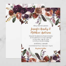 Convite Manteiga Rum Roxo Roxo Escuro Rosas Casamento Boho