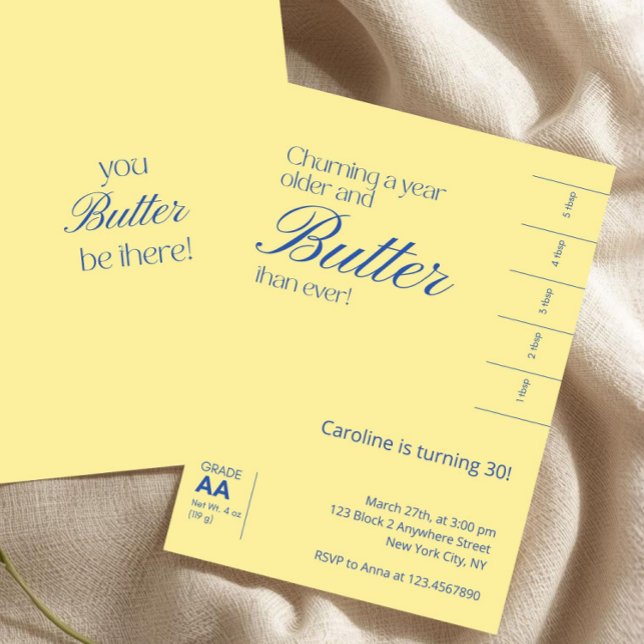 Convite Manteiga Salgada Amarela Minimalista de Aniversári (butter birthday invitation, funny birthday invite, turning older and butter, yellow birthday invite,)
