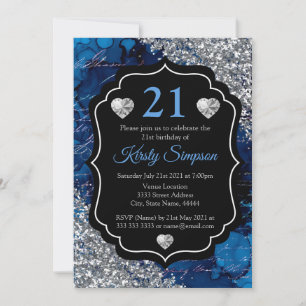 Convite Manuscrito Azul com Sereia Letras Glitas Prateadas