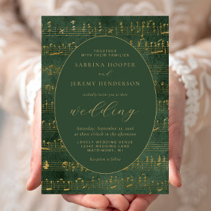 Convite Manuscrito de Música Antiga Casamento Verde Dourad