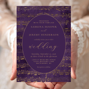 Convite Manuscrito de Música Antiga Roxo Dourado Casamento
