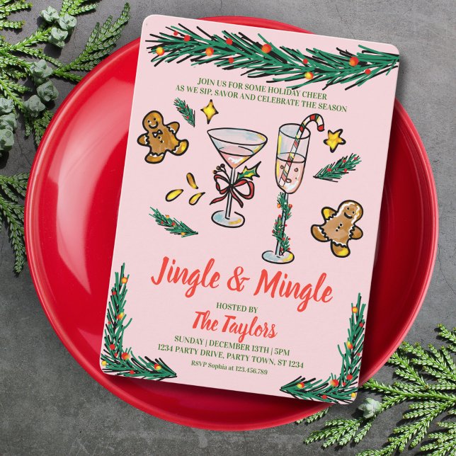 Convite Manuscrito Jingle e Cocktail de Natal Mingle (doodle cocktail christmas party, red and green and pink)