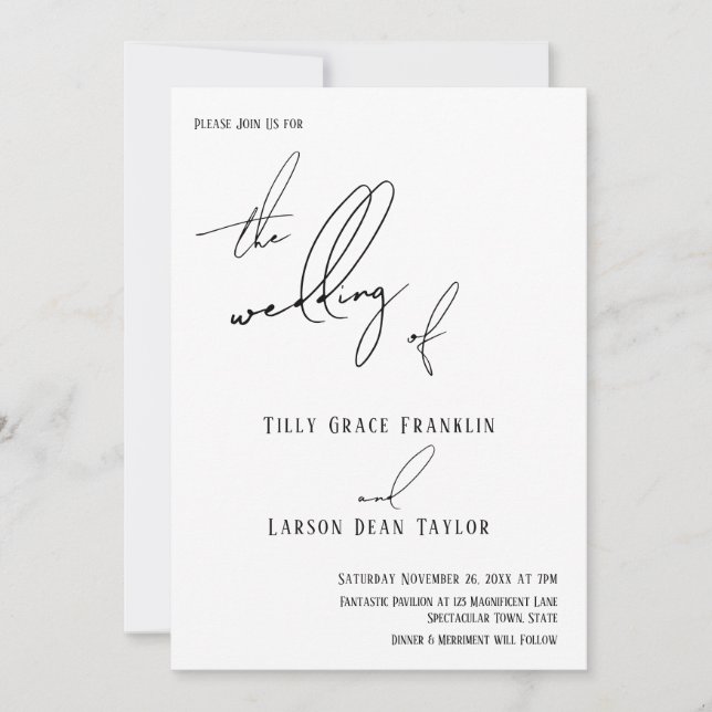 Convite Manuscrito Moderno Simples "O Casamento de" Branco (Frente)