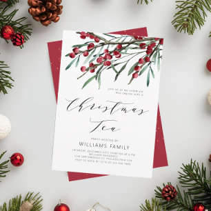Convite Manuscrito Moderno Winter Berries Christmas Tea
