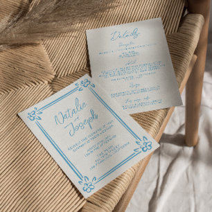 Convite Mão Azul Mediterrânica Desenhada Tudo Em Um Casame