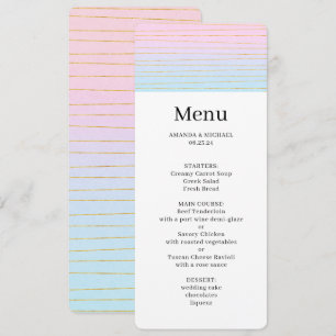 Convite Mão Azul Rosa com Menu de Casamento Linhas Dourada