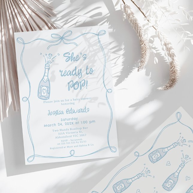 Convite Mão Azul Whimsical Preparada Para Chá de fraldas (Whimsical She's Ready To Pop Baby Shower Invitation for Boy Bow Frame Popping Champagne Bottle )