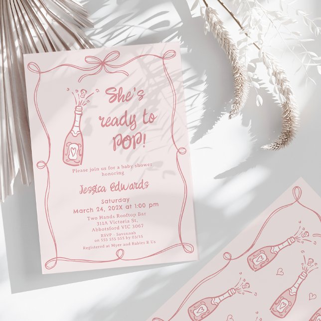 Convite Mão Branca, Rosa, Desenhada Pronta Para Chá de fra (Pink Whimsical She's Ready To Pop Baby Shower Invitation Hand Drawn Illustration Champagne Bottle )