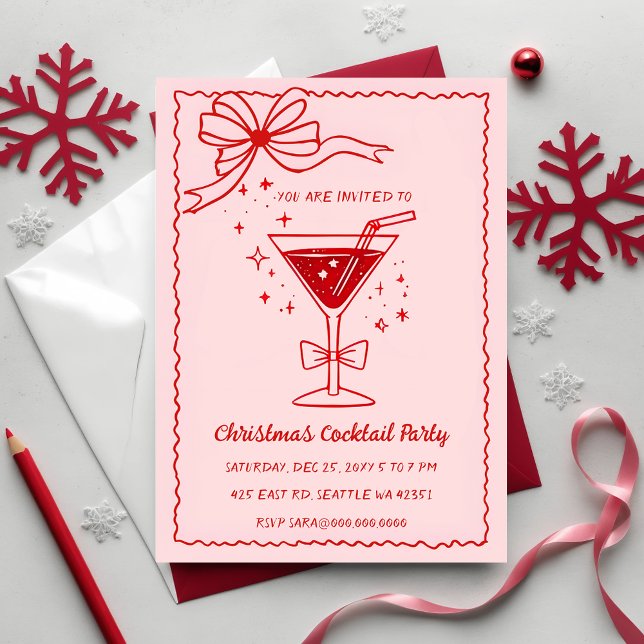 Convite Mão de Doodle desenhada Pink Red Arco Cocktails de (Doodle Hand drawn Pink Red Bow Christmas Cocktails Invitation)