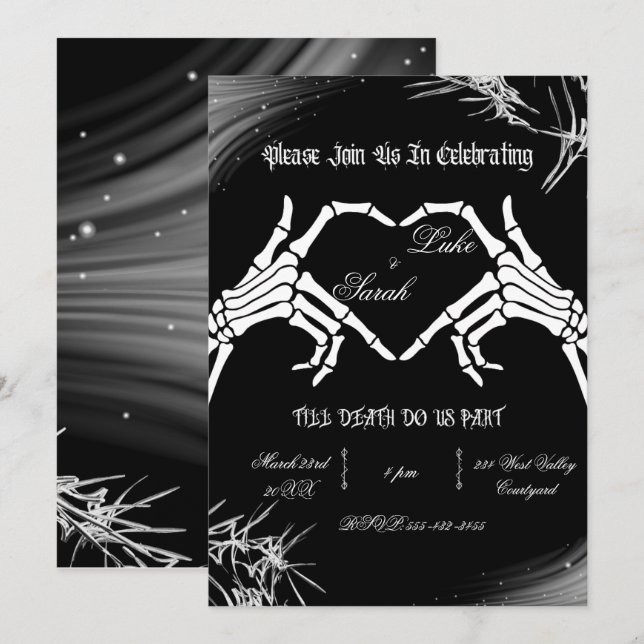 Convite Mão de Esqueleto Gótico Casamento Até que a Morte  (Frente/Verso)
