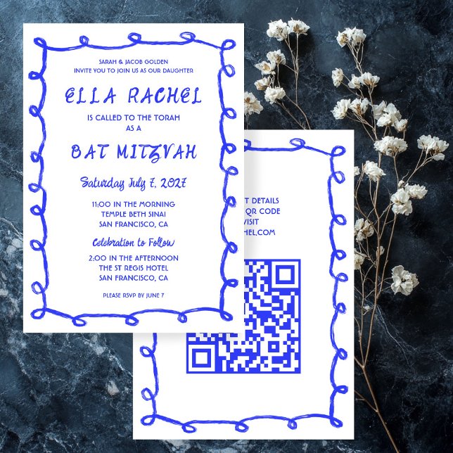 Convite Mão de Loops Mensais Desenhada Personalizada Bat M (Messy Loops Hand Drawn Custom QR Bar Bat Mitzvah Invitation
)