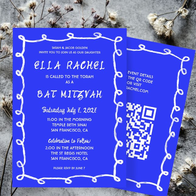 Convite Mão de Loops Mensais Desenhada Personalizada Bat M (Messy Loops Hand Drawn Custom QR Bar Bat Mitzvah Blue White Invitation
)