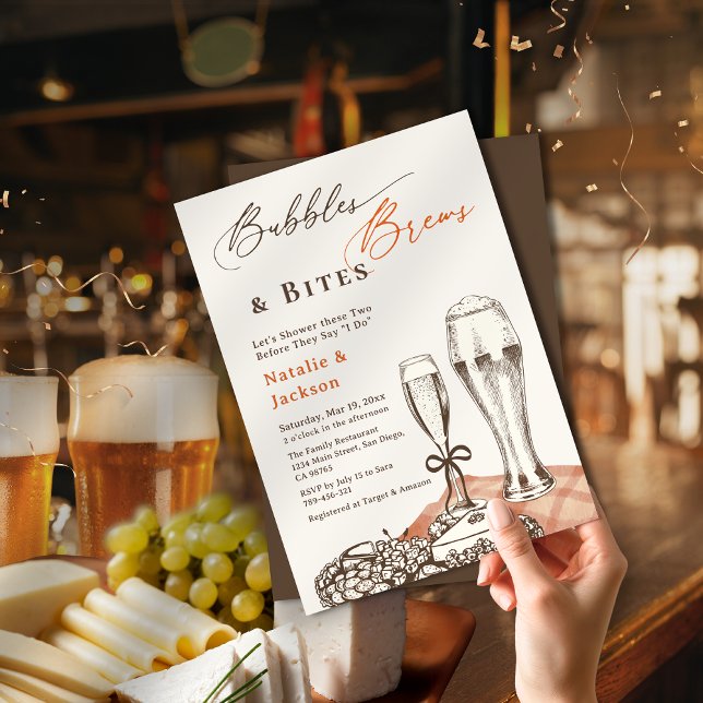 Convite Mão Desenhada Bolhas Cervejas e Petiscos Chá de Ca (Hand Sketch Bubbles Brews & Bites Couples Shower Invitation)