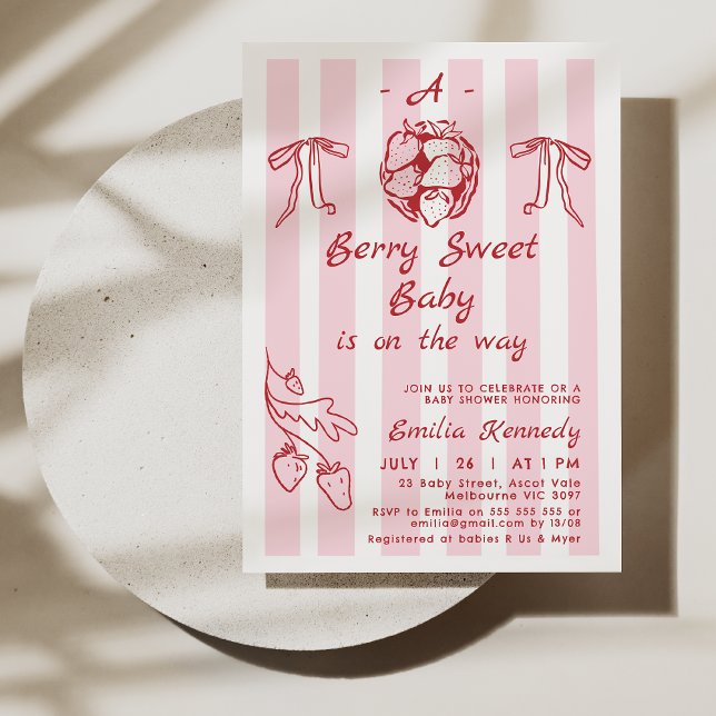 Convite Mão Desenhada Vermelha A Berry Chá de fraldas Doce (Hand Drawn Red Berry Sweet Baby Shower Invitation, Whimsical Berry Themed Baby Shower Invitation)