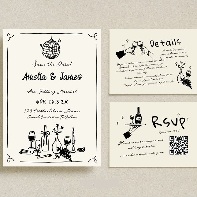 Convite Mão Diversão Desenhada Salve a data Casamento Quir (Criador carregado)