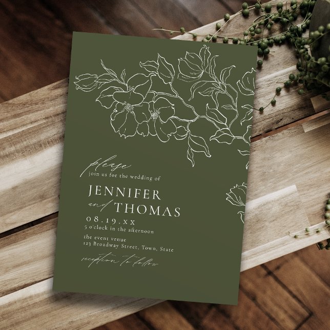 Convite Mão elegante traçada floral, casamento verde (Elegant hand drawn floral sage green wedding invitation)