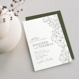Convite Mão elegante traçada floral, casamento verde