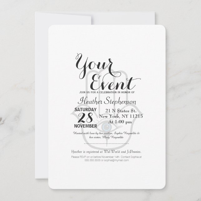 Convite Mão Moderna Simples Hamsa de Fátima (Frente)