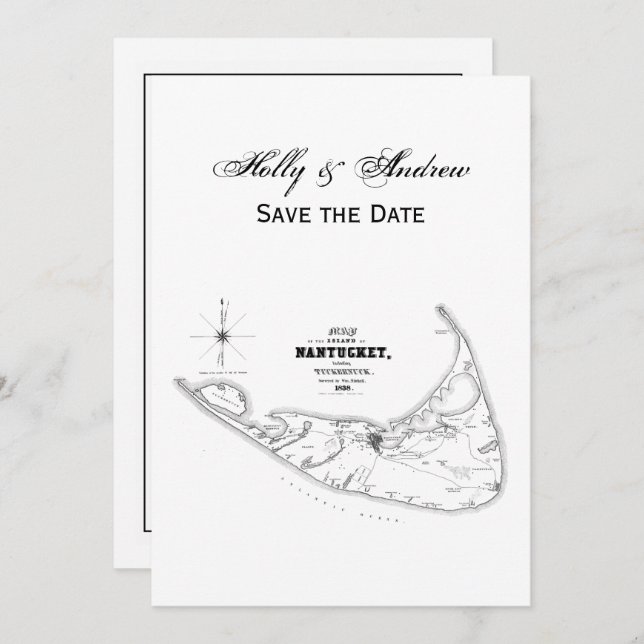 Convite Mapa Antigo da Ilha Nantucket MA Preto (Frente/Verso)