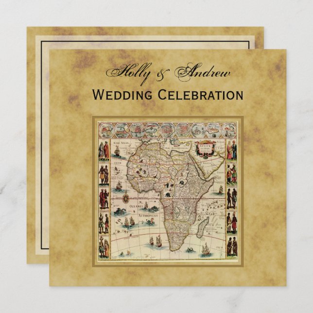 Convite Mapa Antiquado da África Desapontou Casamento BG S (Frente/Verso)