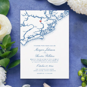 Convite Mapa da Ilha Johns SC Elegante Casamento Azul Mari