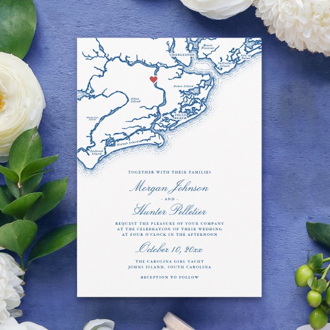Convite Mapa da Ilha Johns SC Elegante Casamento Azul Mari (Johns Island SC Map Wedding Invitation in Elegant Navy Blue by Coastal Map Designs)