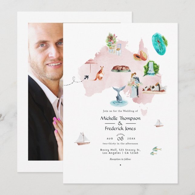 Convite Mapa de aquarela do casamento de destino da Austrá (Frente/Verso)