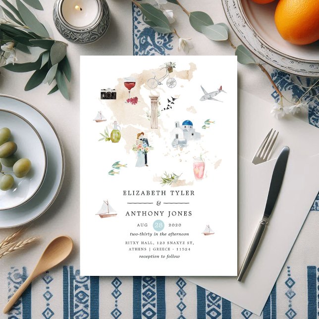 Convite Mapa de Aquarela do Casamento de Destino de Grécia (Watercolor Map of Greece Destination Wedding Invitation)