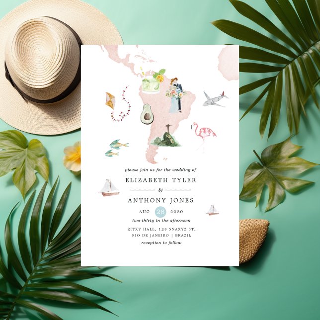 Convite Mapa de Aquarela do Casamento de Destino do Rio (Criador carregado)