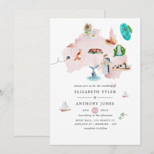 Convite Mapa de aquarela do casamento de destino na Austrá