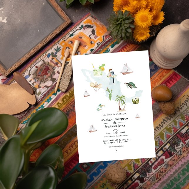 Convite Mapa de Aquarelas do México Foto de Casamento de D (Criador carregado)