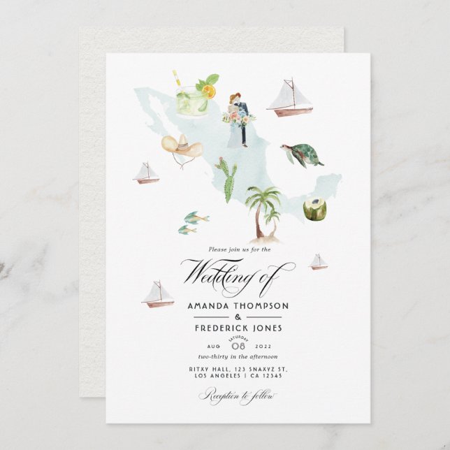 Convite Mapa de Aquarelas do México Foto de Casamento de D (Frente/Verso)