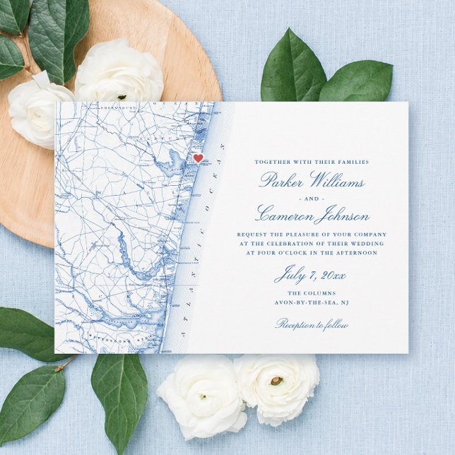 Convite Mapa de Avon-by-the-Sea NJ Casamento Azul Marinho  (The Columns Wedding Invitation Avon by the Sea NJ Map in navy blue by Coastal Map Designs)