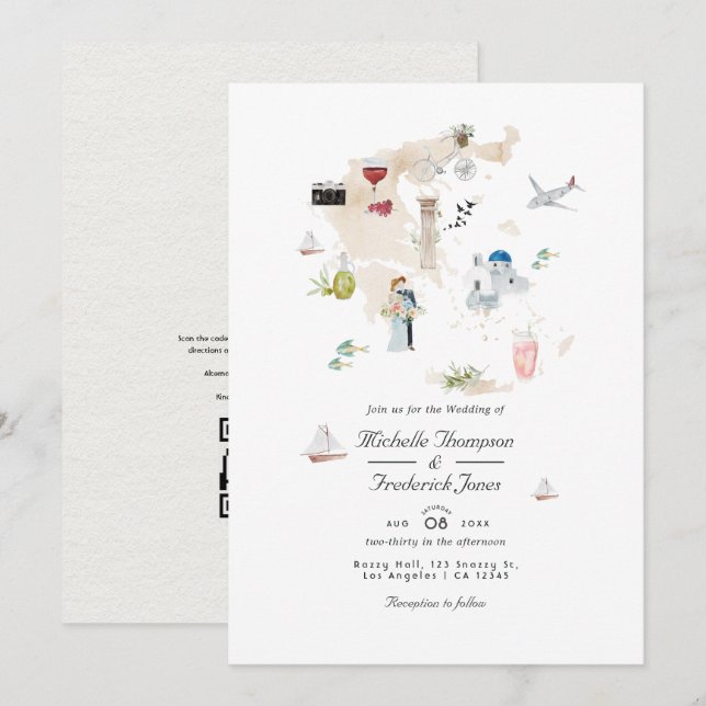 Convite Mapa de casamento de destino com código QR RSVP da (Frente/Verso)