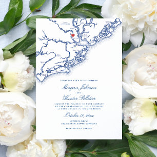 Convite Mapa de Charleston SC Costa Azul Marinho Casamento