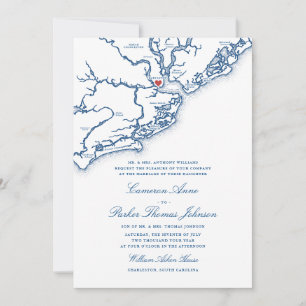Convite Mapa de Charleston SC Elegante Casamento Azul Mari