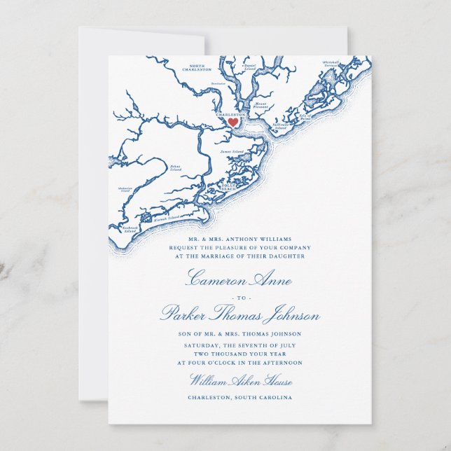 Convite Mapa de Charleston SC Elegante Casamento Azul Mari (Frente)