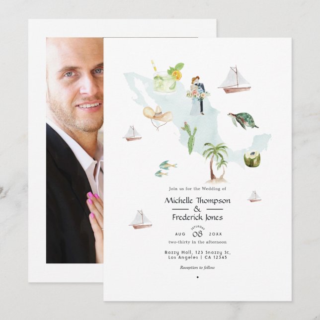Convite Mapa de México aquarela Fotografia de casamento no (Frente/Verso)