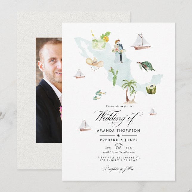 Convite Mapa de México aquarela Fotografia de casamento no (Frente/Verso)