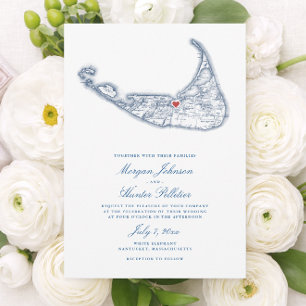 Convite Mapa de Nantucket MA Elegante Casamento Azul Marin