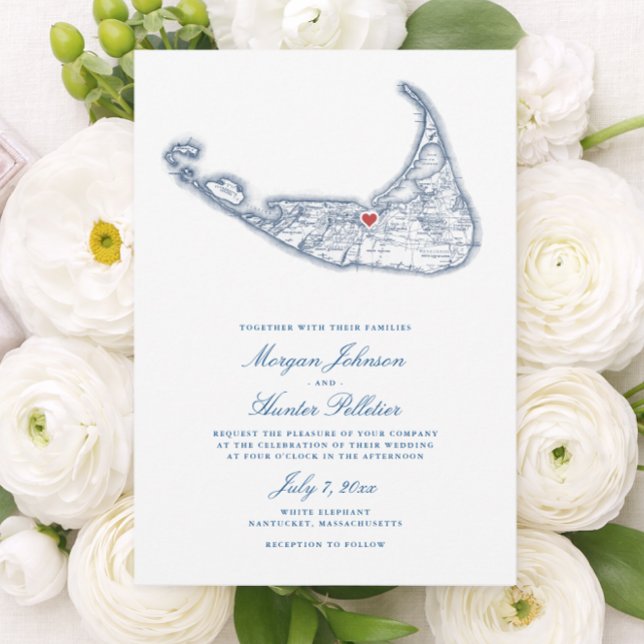 Convite Mapa de Nantucket MA Elegante Casamento Azul Marin (Nantucket Wedding Invitation for a White Elephant Wedding in elegant navy blue by Coastal Map Design)