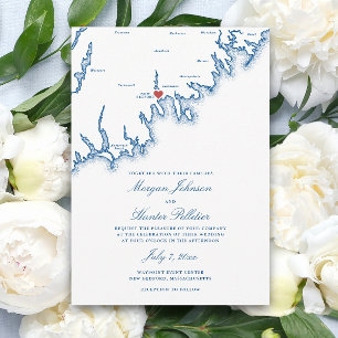 Convite Mapa de New Bedford MA Elegante Casamento Azul Mar
