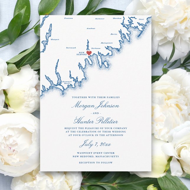 Convite Mapa de New Bedford MA Elegante Casamento Azul Mar (New Bedford MA Wedding Invitation in Elegant Navy Blue by Coastal Map Designs)