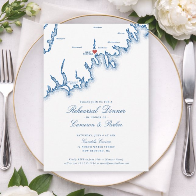 Convite Mapa de New Bedford MA Jantar de Rehearsal de Casa (New Bedford Candela Cucina Wedding  Rehearsal Dinner Invitation in Navy Blue by Coastal Map Designs)