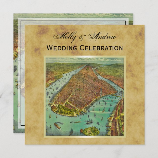 Convite Mapa de Nova Iorque antigo desapontado BG SQ Casam (Frente/Verso)