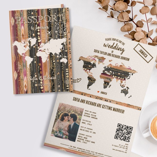 Convite Mapa de Passaporte de Destino de Casamento Boho Có (BOHO PASSPORT WEDDING INVITATION)