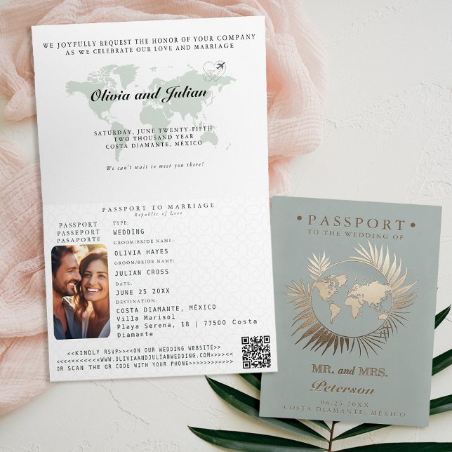Convite Mapa de Passaporte Folha Tropical Casamento de Des (passport wedding invitation card destination getaway tropical beach sage green leaf wreath monograms)
