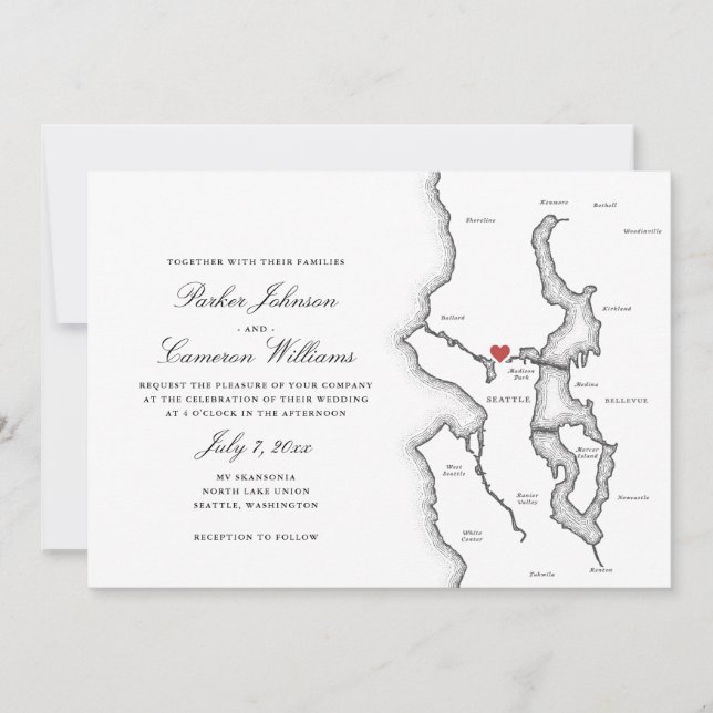 Convite Mapa de Seattle Washington Elegante Casamento Pret (Frente)