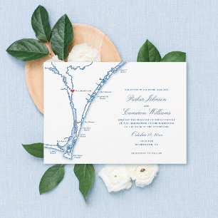Convite Mapa de Wilmington NC Elegante Casamento Azul Mari