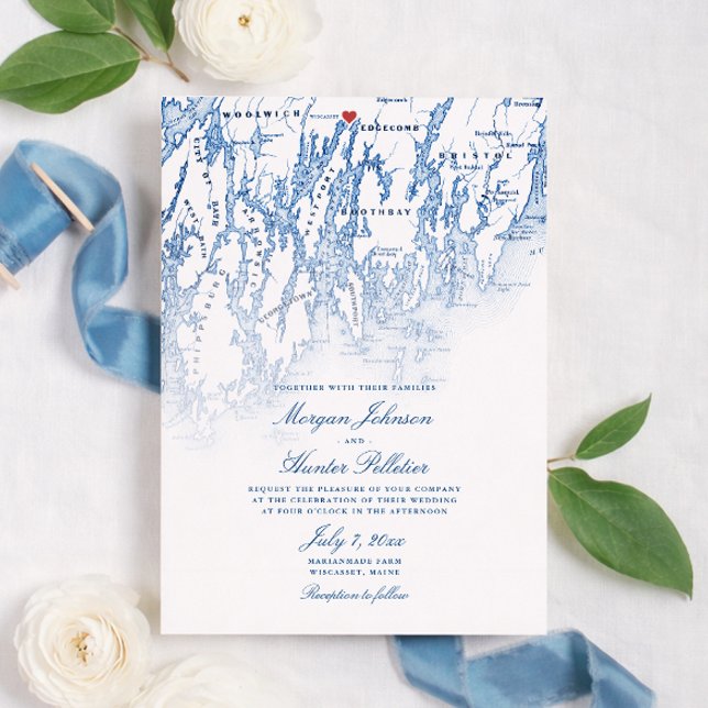 Convite Mapa do Casamento na Marianmade Farm Wiscasset Mai (Marianmade Farm Wedding Wiscasset Maine Map Invitation in elegant navy blue by Coastal Map Designs)